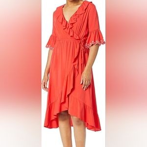 Moon River Women's Ruffle Faux Wrap Dress with Scallop Hem and Tas Size XS